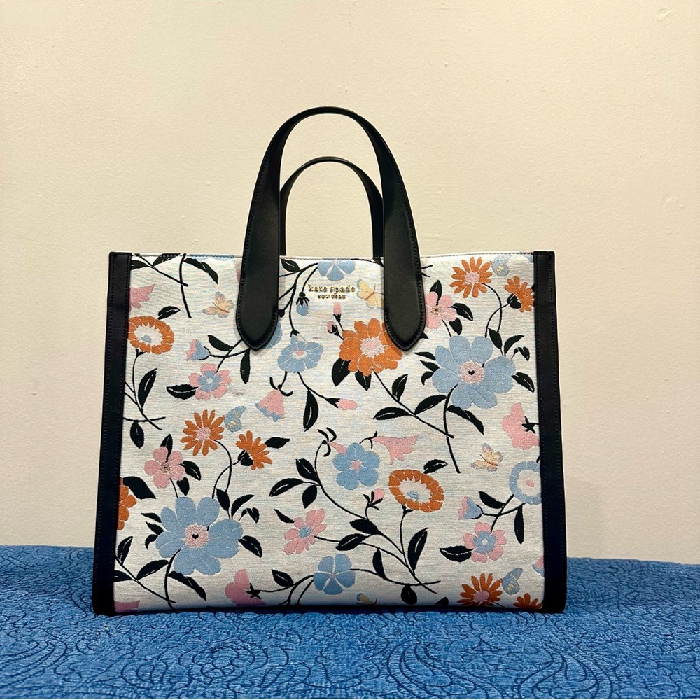 Kate Spade Jacquard Manhattan Tote in Floral Multicolor with Black Leather Trim